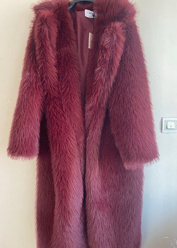 Bordo Uzun Kadın Suni Kürk Kaban - Görsel 5