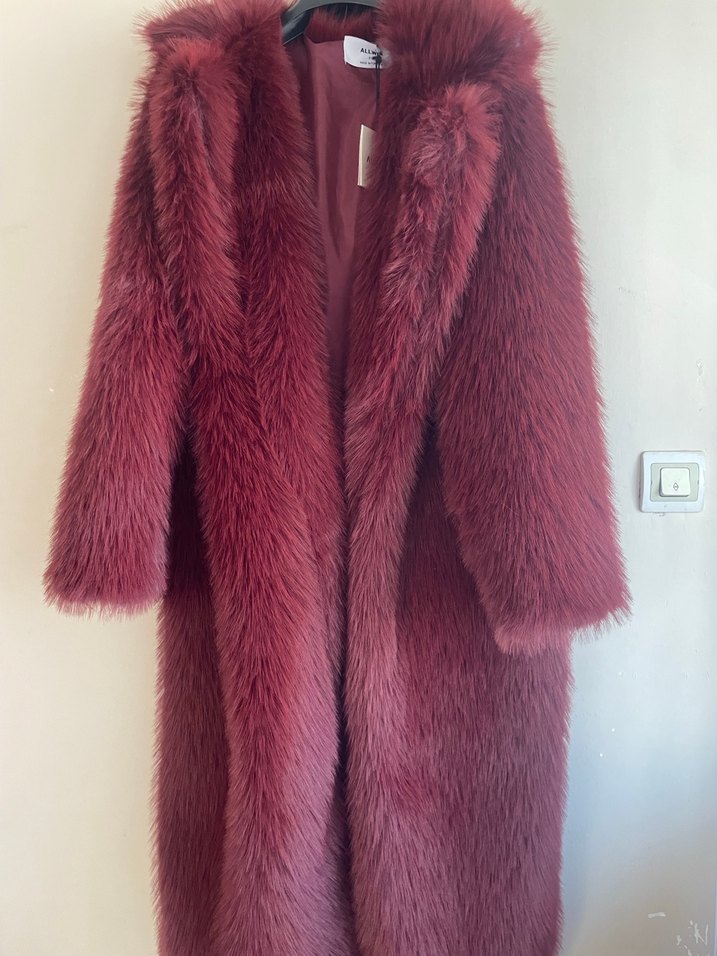 Bordo Uzun Kadın Suni Kürk Kaban - Görsel 5