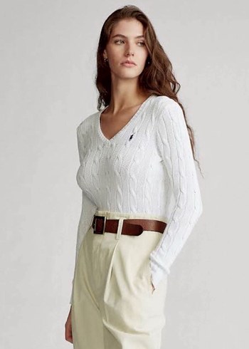 Orjinal Ralph Beyaz kadınV Yaka Örgü Pamuk Kazak S - Görsel 2