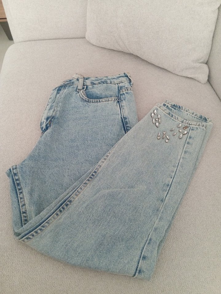 Payet Detaylı Mavi  Midi Kot Pantolon - Görsel 3