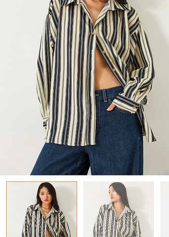 Bej Çizgili Düğmeli Denim Gömlek
