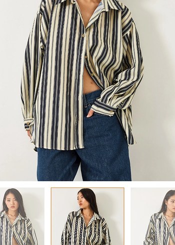 l Beden Bej Çizgili Düğmeli Denim Gömlek