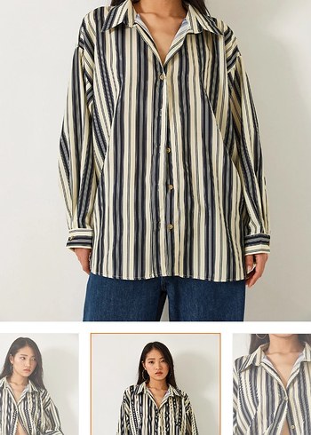 Diğer Bej Çizgili Düğmeli Denim Gömlek