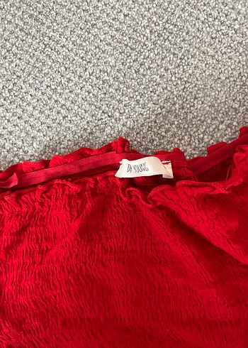 Kırmızı Mini Keten Bluz, Fırfırlı - Görsel 2