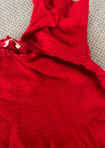 Kırmızı Mini Keten Bluz, Fırfırlı - Görsel 3