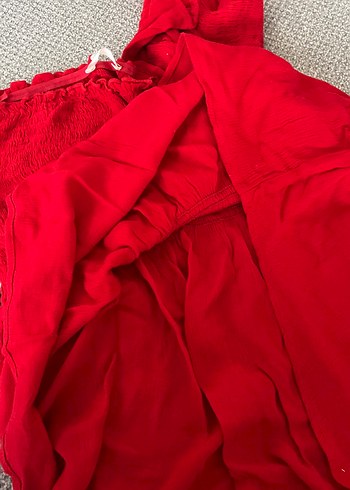 Kırmızı Mini Keten Bluz, Fırfırlı - Görsel 4