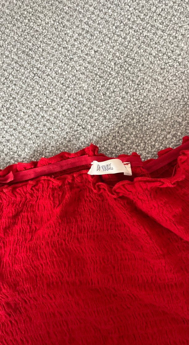 Kırmızı Mini Keten Bluz, Fırfırlı - Görsel 2