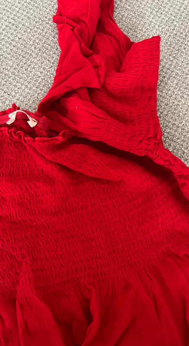 Kırmızı Mini Keten Bluz, Fırfırlı - Görsel 3