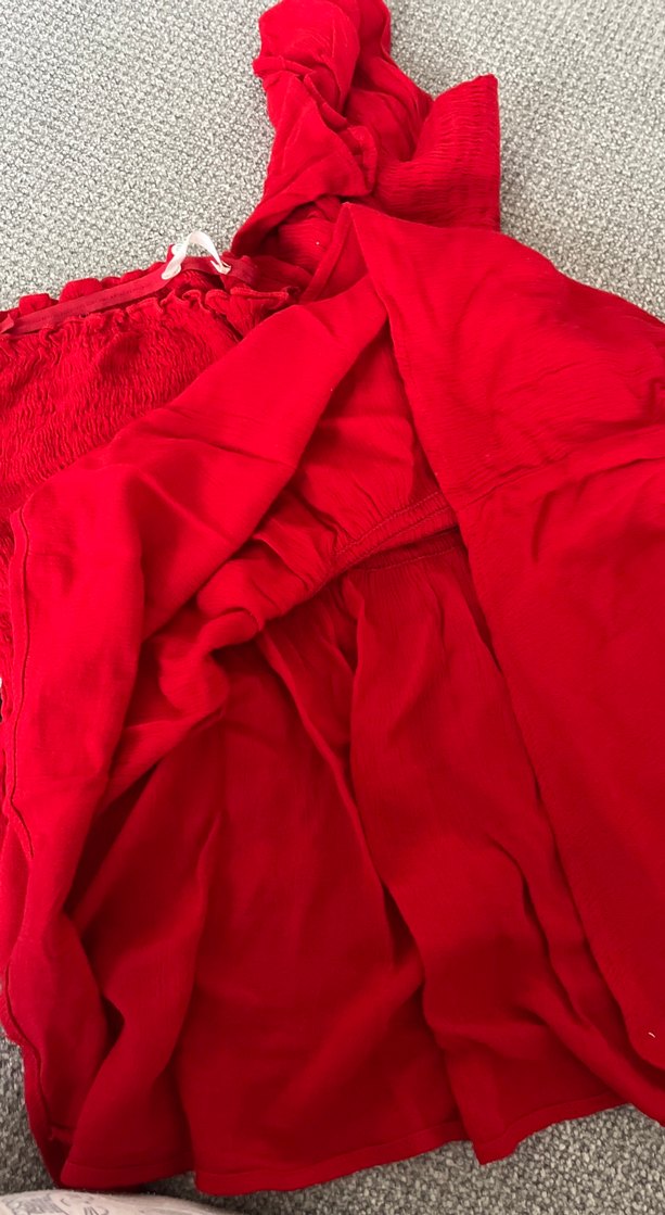 Kırmızı Mini Keten Bluz, Fırfırlı - Görsel 4