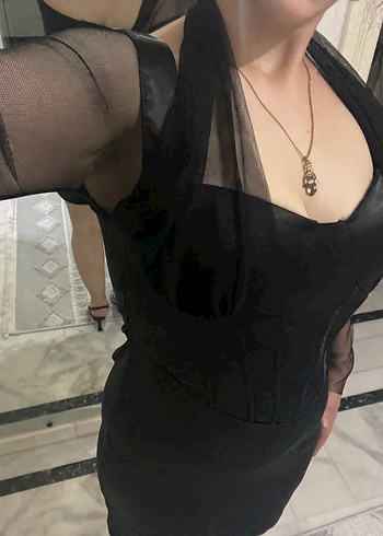 l Beden Şeffaf Kollu Siyah Midi Gotik Elbise