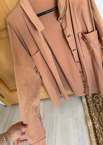 xl Beden Camel Düğmeli Kadın Keten Gömlek