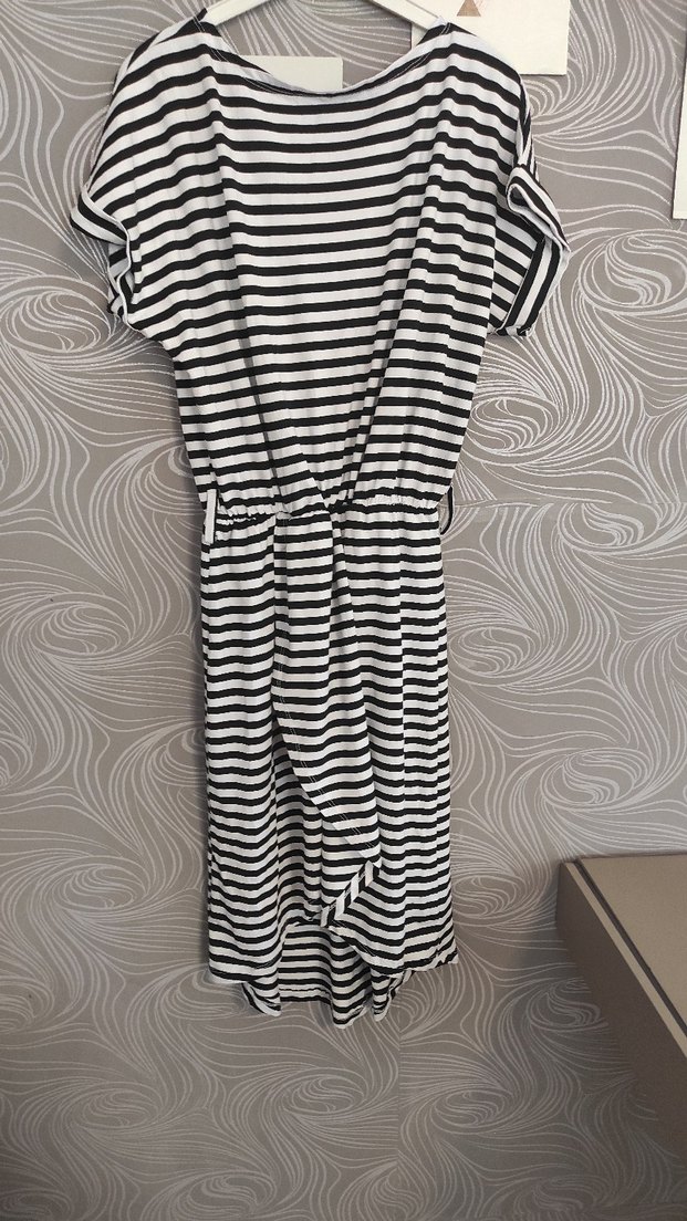 Siyah Beyaz Çizgili Kemerli Mini Elbise - Görsel 2