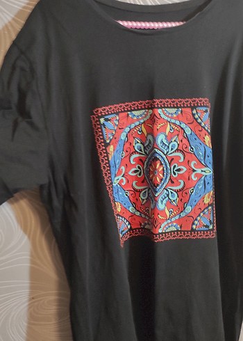 xxl Beden Bohem Çok Renkli Baskılı Siyah Tişört