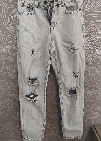 Düğmeli Gri Rahat Kesim Kadın Kot Pantolon - Görsel 2