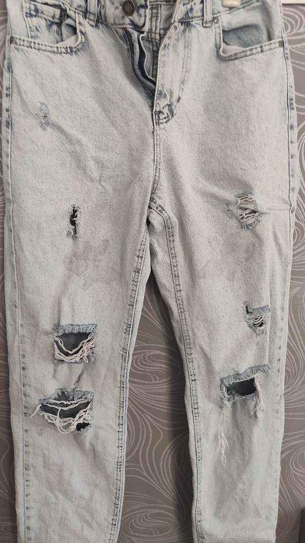 Düğmeli Gri Rahat Kesim Kadın Kot Pantolon - Görsel 3