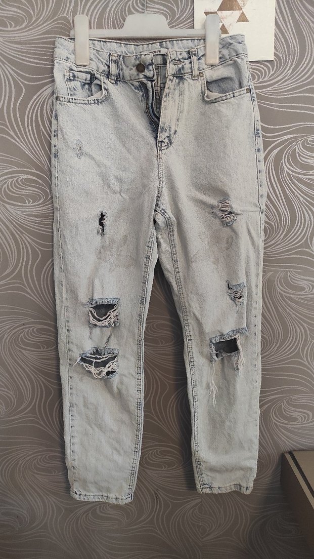 Düğmeli Gri Rahat Kesim Kadın Kot Pantolon - Görsel 2