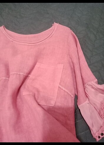 Pembe keten gömlek - Görsel 3