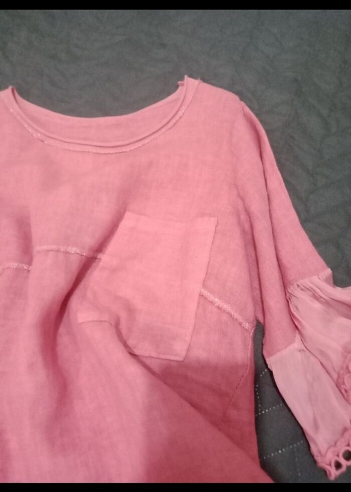 Pembe keten gömlek - Görsel 3