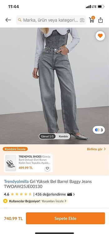 Gri Yüksel Bel Barrel Bagy Jeans