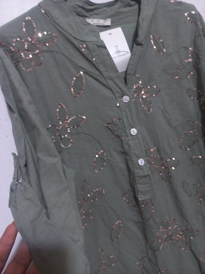 Düğmeli İşlemeli Yeşil Bohem Kadın Gömlek - Görsel 2