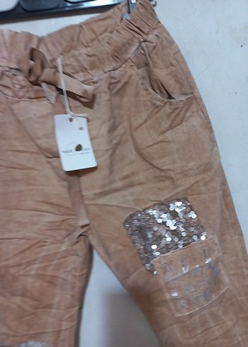 Bej payet Detayli Rahat Kesim Kadın Pantolon - Görsel 5