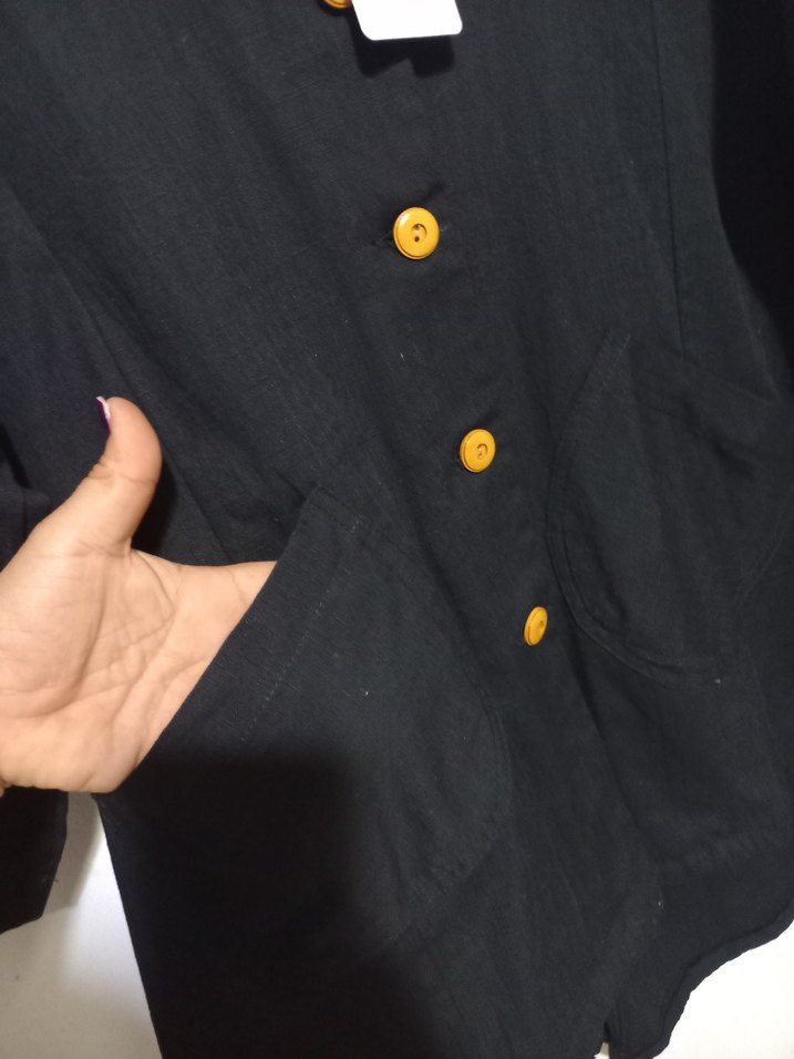 Düğmeli Siyah Kadın Keten hirka - Görsel 4