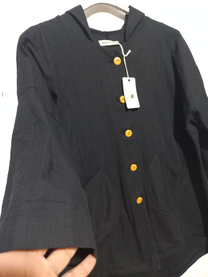 Düğmeli Siyah Kadın Keten hirka - Görsel 3