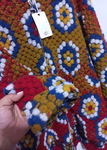 Renkli Bohem Kapüşonlu Örgü Hırka - Görsel 3