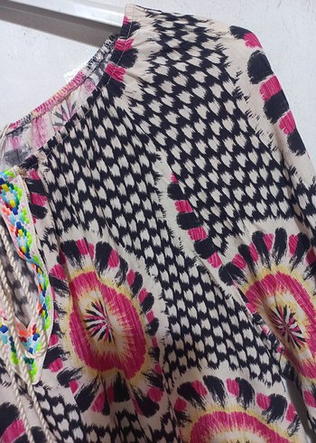 Renkli Püsküllü Bohem Uzun Kollu Bluz - Görsel 3