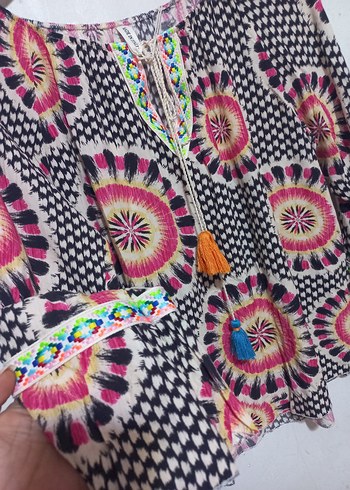 Renkli Püsküllü Bohem Uzun Kollu Bluz - Görsel 4