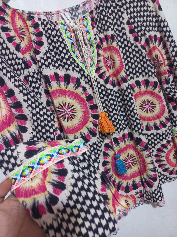 Renkli Püsküllü Bohem Uzun Kollu Bluz - Görsel 4