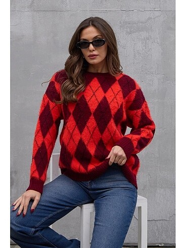Zara Kırmızı bordo ekose desenli triko kazak