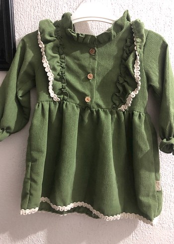 Kız Çocuk Yeşil Fırfırlı Keten Elbise - Görsel 5