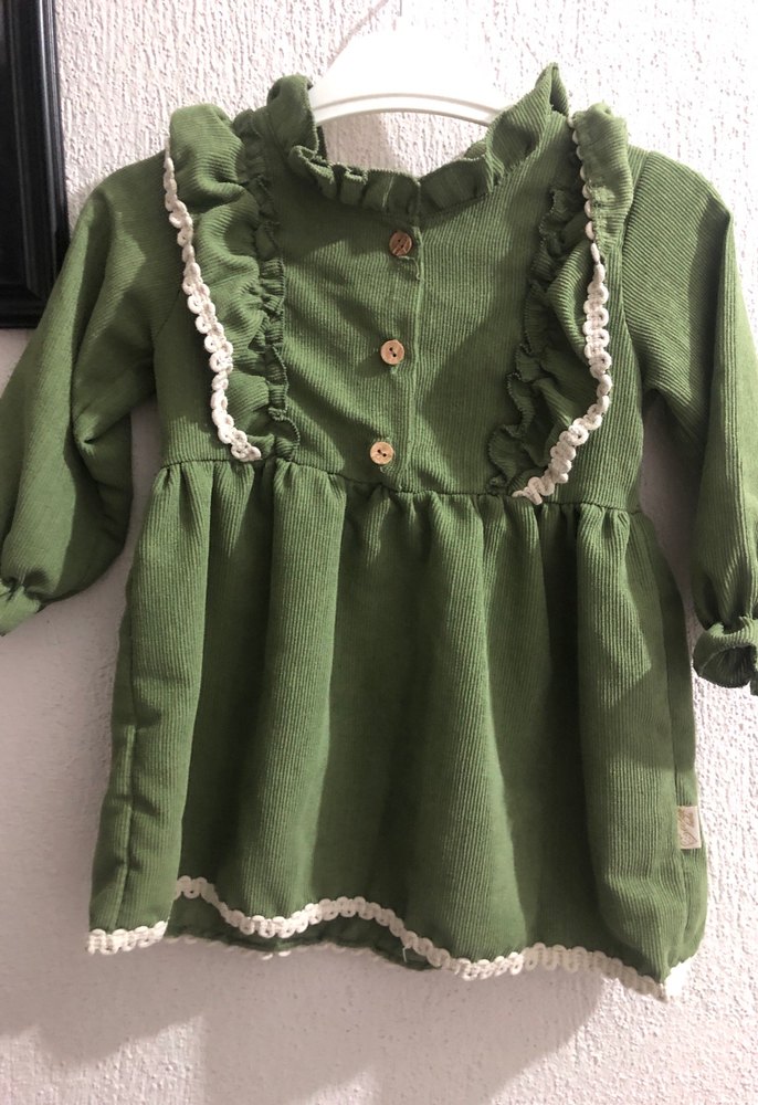 Kız Çocuk Yeşil Fırfırlı Keten Elbise - Görsel 5