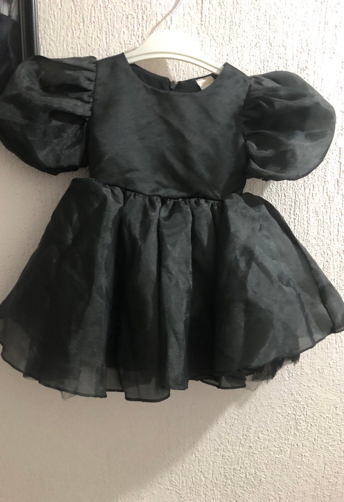Siyah Kız Çocuk V Yaka Fırfırlı Elbise balon kollu - Görsel 4