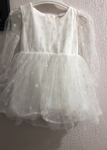 Uzun Kollu Beyaz Nakışlı Kız Elbisesi - Görsel 5