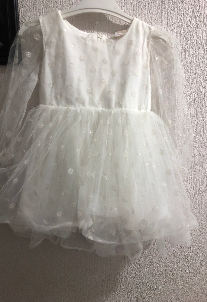 Uzun Kollu Beyaz Nakışlı Kız Elbisesi - Görsel 5