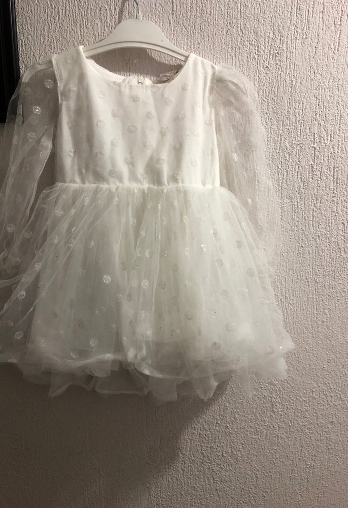 Uzun Kollu Beyaz Nakışlı Kız Elbisesi - Görsel 3