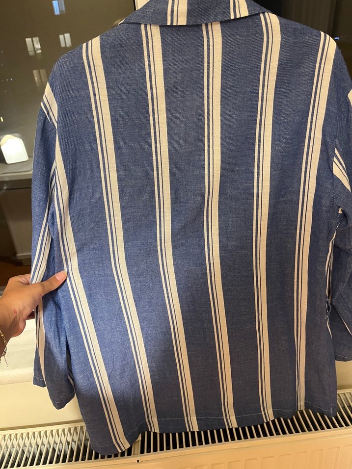Mavi Çizgili Keten Blazer Ceket - Görsel 4