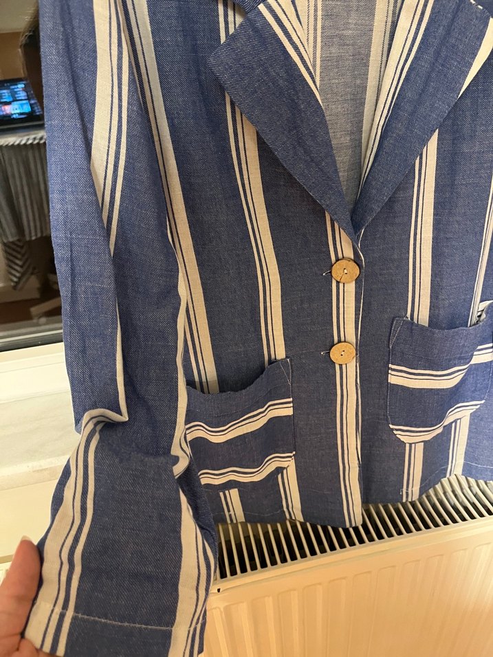 Mavi Çizgili Keten Blazer Ceket - Görsel 3