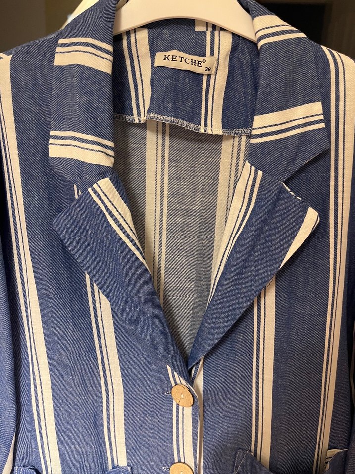 Mavi Çizgili Keten Blazer Ceket - Görsel 2