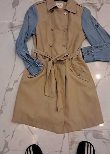 Kadın Bej Denim Kollu Kuşaklı Trençkot
