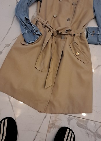 38 Beden camel Renk Kadın Bej Denim Kollu Kuşaklı Trençkot