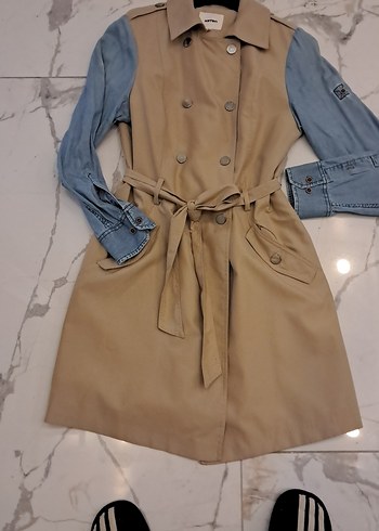 Koton Kadın Bej Denim Kollu Kuşaklı Trençkot
