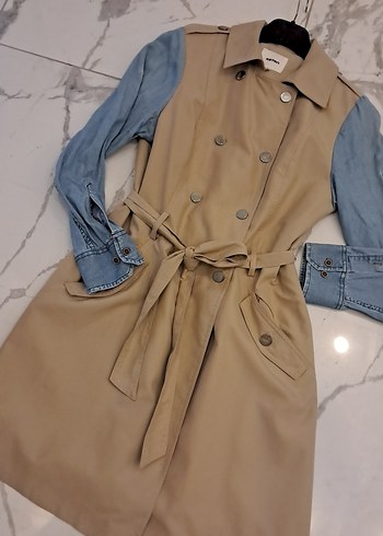 38 Beden Kadın Bej Denim Kollu Kuşaklı Trençkot