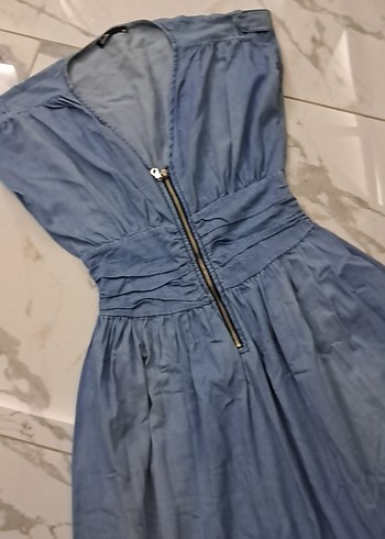 Mavi Midi Kot Elbise - Görsel 7