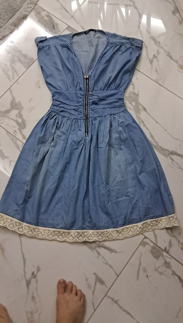 Mavi Midi Kot Elbise - Görsel 3