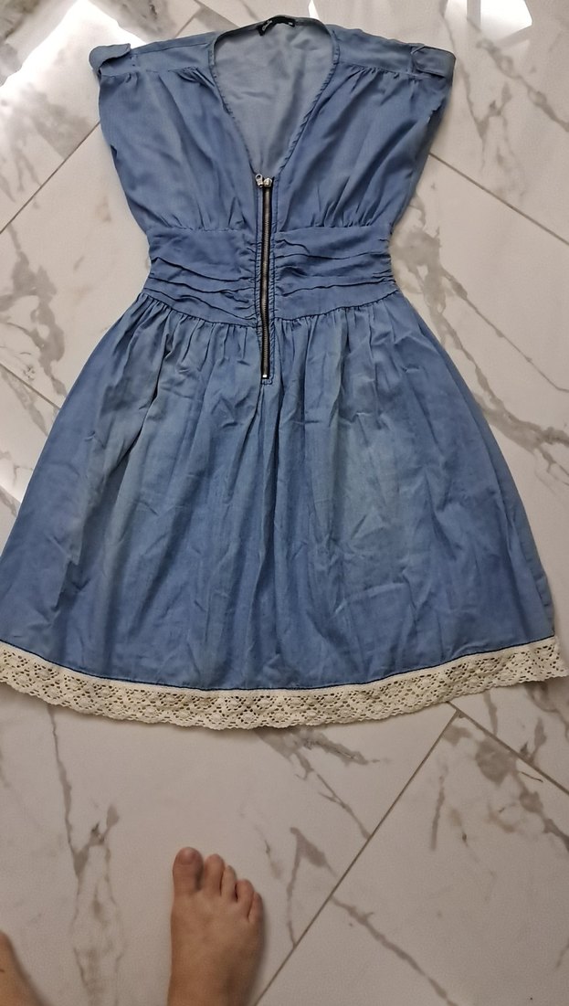 Mavi Midi Kot Elbise - Görsel 2