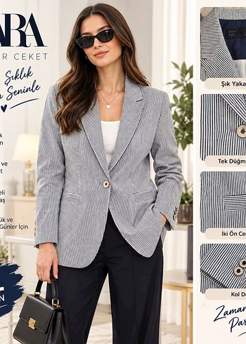 Zara Sikligin İnce Cizgisi Gri Cizgili Tek Dugmeli Ceket
