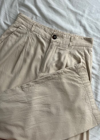 Bej Keten Geniş Kesim Pileli Kadın Pantolon